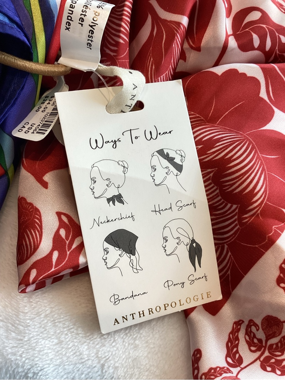 Anthropologie Silky Scarf Bag Head Hair Scarves New Blue and Red Floral Set of 2 - Picture 9 of 9